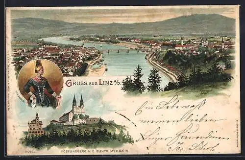 Lithographie Linz, Gesamtansicht der Stadt, Pöstlingberg mit elektrischer Seilbahn, Hotelgebäude, Frau in Tracht