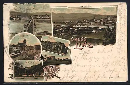 Lithographie Linz a. D., Brücke u. Urfahr, Hauptplatz, Volksgarten, Calvarienberg, Freinberg