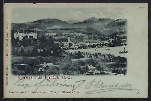 Mondschein-AK Grein /O.-Ö., Ortsansicht mit Bergpanorama aus der Vogelschau