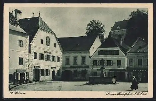 AK Grein, Denkmal und Rathaus am Marktplatz