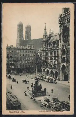 AK München, Marienplatz und Frauenkirche mit Strassenbahn