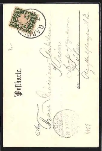 Künstler-AK Karl Heinisch: Garmisch, Risser See mit Zugspitze, Partie auf dem See