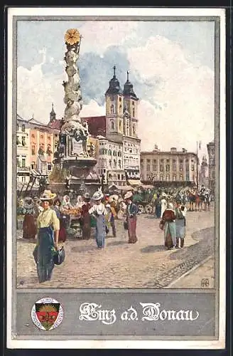 AK Deutscher Schulverein Nr. 400: Linz a. d. Donau, Belebter Hauptplatz mit Dreifaltigkeitssäule