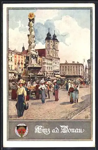 AK Deutscher Schulverein Nr. 400: Linz a. d. Donau, Marktplatz mit Ständen