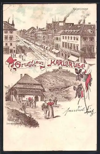 Lithographie Karlsruhe, Kaiserstrasse mit Restaurant Englischer Hof, Lautsberg u. Schwarzwaldhaus