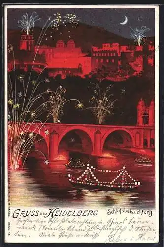 Lithographie Heidelberg, Schlossbeleuchtung bei Nacht mit Feuerwerk