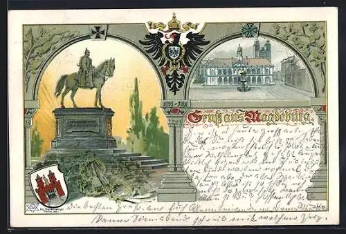 Lithographie Magdeburg, Kaiser Wilhelm-Denkmal, Reichsadler, Wappen