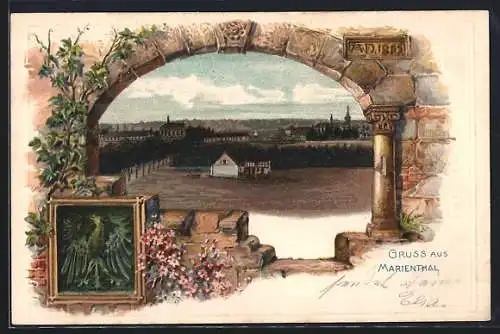 Passepartout-Lithographie Marienthal, Ortsansicht durchs Burgfenster, heraldischer Adler