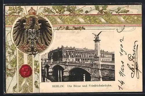 Passepartout-Lithographie Berlin, Burgstrasse, Börse und Friedrichsbrücke, Reichsadler