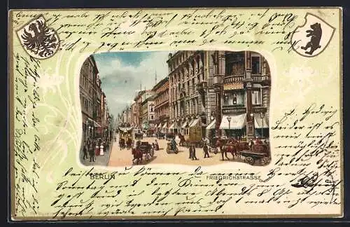 Lithographie Berlin, Friedrichstrasse Ecke Leipziger Strasse m. Pferdekutschen