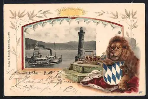 Passepartout-Lithographie Lindau i. B., Dampfer verlässt den Hafen, Löwe mit Wappen