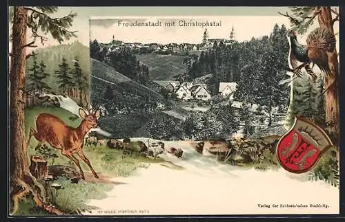 Passepartout-Lithographie Freudenstadt, Panorama mit Christophstal, Wappen