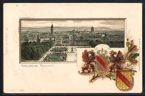 Passepartout-Lithographie Karlsruhe, Panorama im Rahmen, Wappen