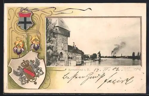 Passepartout-Lithographie Konstanz, Ortsansicht, Wappen