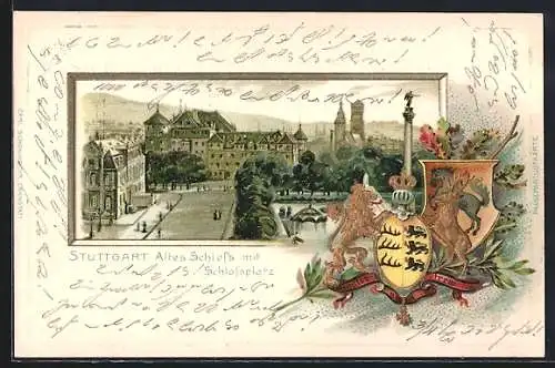 Passepartout-Lithographie Stuttgart, altes Schloss mit Schlossplatz, Wappen um 1900