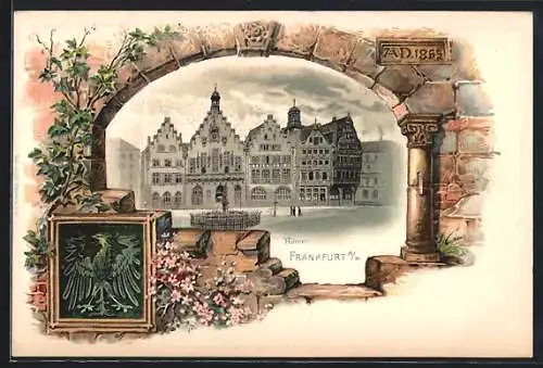 Passepartout-Lithographie Alt-Frankfurt, Römer mit Brunnen Anno 1855, Wappen