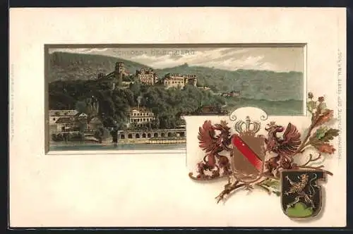 Passepartout-Lithographie Heidelberg, Schloss mit Wappen