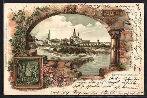 Passepartout-Lithographie Konstanz, Teilansicht, Stadtwappen