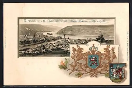 Passepartout-Lithographie Bingen / Rhein, Gesamtansicht mit Mäuseturm und Stadtwappen