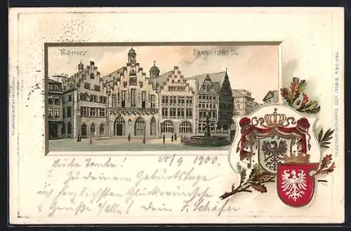 Passepartout-Lithographie Alt-Frankfurt, Römer mit Wappen