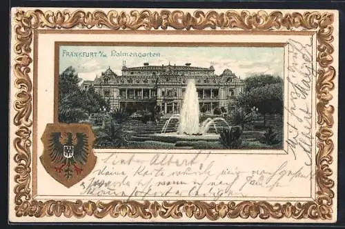 Passepartout-Lithographie Frankfurt-Westend, Palmengarten mit Springbrunnen, Wappen