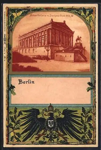 Passepartout-Lithographie Berlin, Nationalgalerie m. Denkmal Friedrich Wilhelm IV., Reichsadler