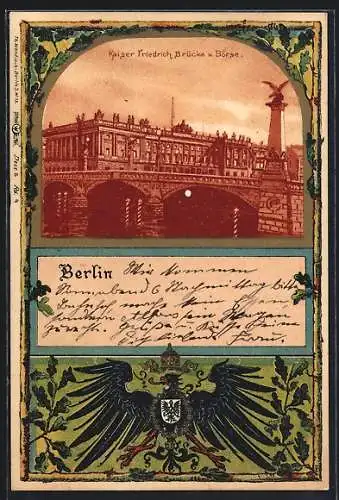 Passepartout-Lithographie Berlin, Kaiser Friedrich Brücke und Börse, Reichsadler, Burgstrasse