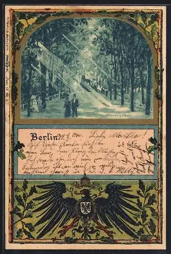 Passepartout-Lithographie Berlin-Tiergarten, Löwengruppe im Park, Reichsadler