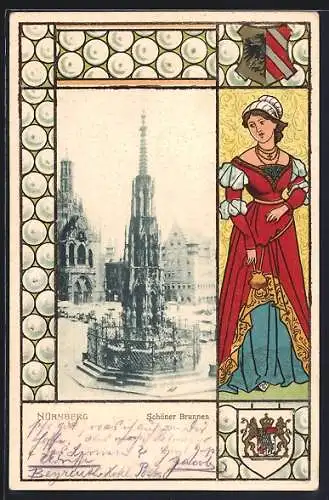 Passepartout-Lithographie Nürnberg, Schöner Brunnen, Frau in Tracht und Wappen