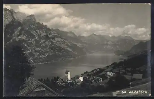 AK Obstalden, Ortsansicht mit Berg- und Seepanorama