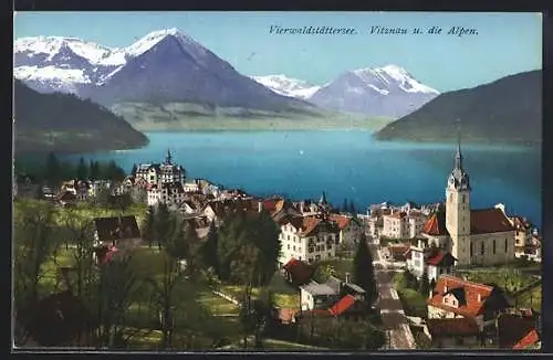 AK Vitznau /Vierwaldstättersee, Ortsansicht mit den Alpen