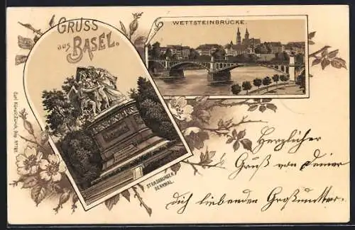 Lithographie Basel, Wettsteinbrücke, Strassburger Denkmal