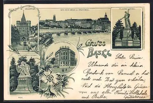 Lithographie Basel, Spalenthor, Strassburger Denkmal, Basler-Handelsbank, Alte Rhein-Brücke mit Gross-Basel, St. Jacobs