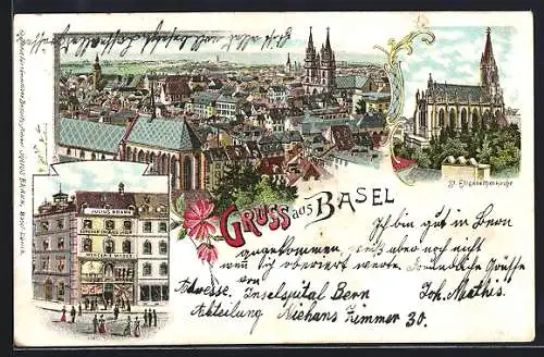 Lithographie Basel, Panorama, St. Elisabethenkirche, Kaufhaus Julius Brann