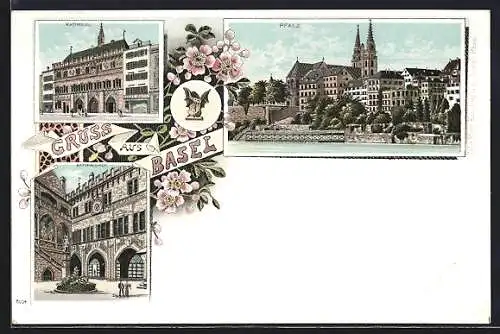 Lithographie Basel, Pfalz, Rathaus, Hof