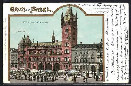 Lithographie Basel, Marktplatz und Rathaus