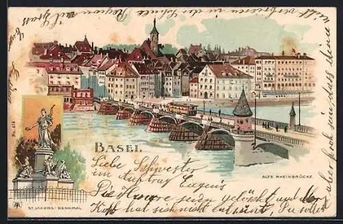 Lithographie Basel, Alte Rheinbrücke, St. Jakobs-Denkmal