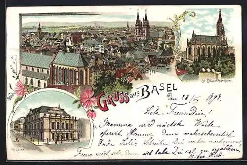 Lithographie Basel, Gesamtansicht, Theater, St. Elisabethkirche