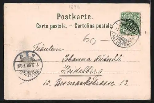 Lithographie Basel, Teilansicht, Spalentor, St. Jacobs-Denkmal