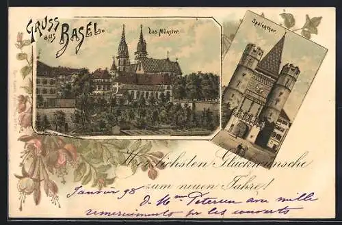 Lithographie Basel, Münster, Spalentor, Neujahrsgruss