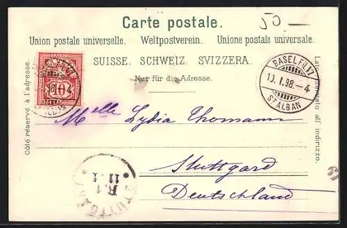 Lithographie Basel, Münster, Spalentor, Neujahrsgruss