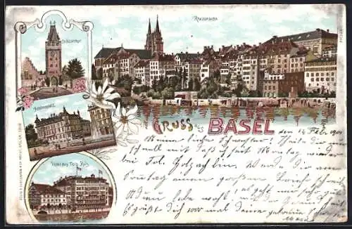 Lithographie Basel, Rheinansicht, St. Albanthor, Aeschenplatz und Hotel des Ruis