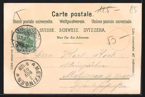 Lithographie Basel, Gross-Basel und die Fähre bei Mondschein, Elisabethen-Kirche, Barfüsserplatz