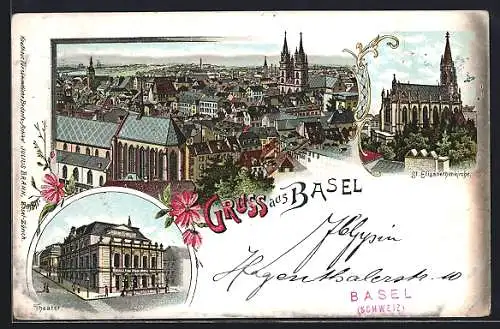 Lithographie Basel, Totalansicht mit Blick über die Dächer, St. Elisabethenkirche, Theater, Blumenverzierung