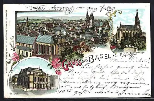 Lithographie Basel, Gesamtansicht, Theater, St. Elisabethkirche