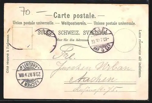 Lithographie Basel, Teilansicht, Spalentor, St. Jacobs-Denkmal