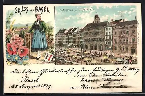 Lithographie Basel, Rathaus und Marktplatz, Frau in Tracht, Wappen