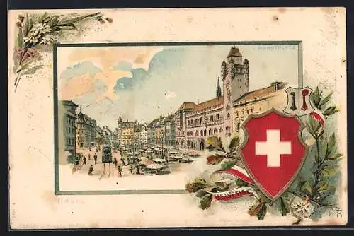 Passepartout-Lithographie Basel, Marktplatz, Wappen