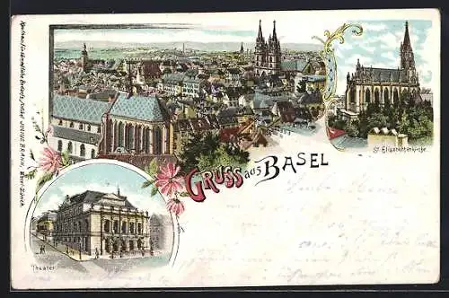 Lithographie Basel, Theater, St. Elisabethenkirche, Gesamtansicht