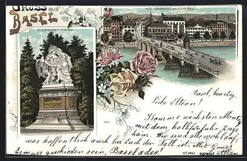 Lithographie Basel, Alte Brücke mit Klein Basel, Strassburger-Denkmal